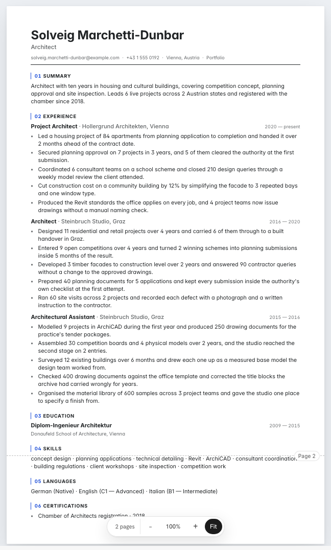 The architect example résumé drawn as a complete page in the Architect design: name, summary, three dated roles with five lines under each, education, skills, languages