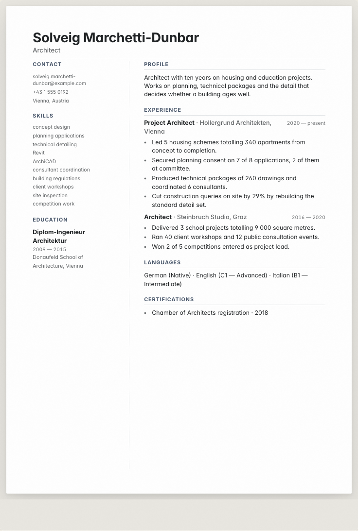 The architect example résumé drawn as a complete page in the Galley design: name, summary, the roles with their bullet lines, education and a skills row