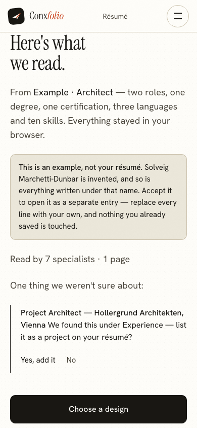 The same import review on a 390 pixel phone screen, with the example notice above the accept button