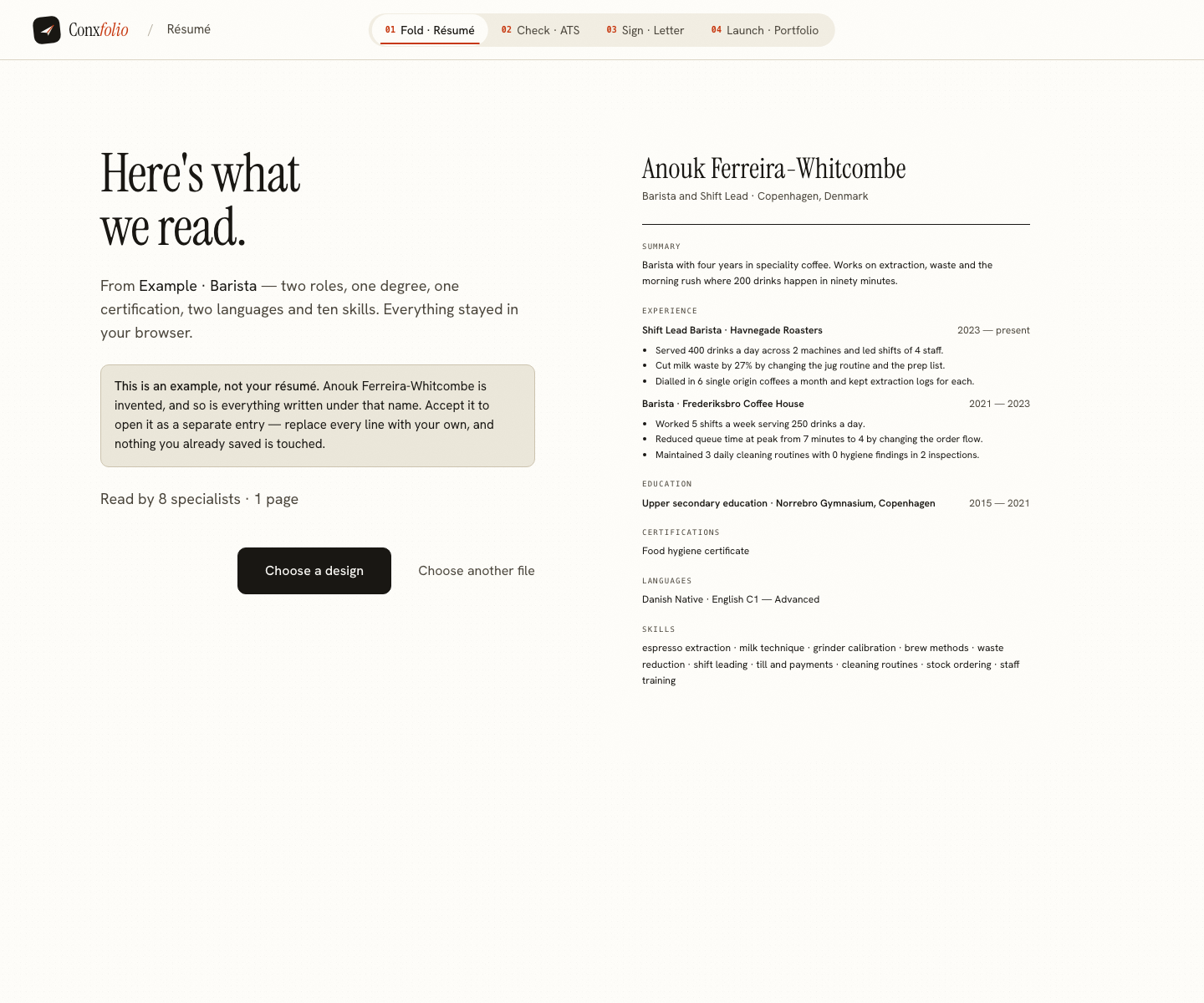 The Conxfolio import review after the door opened, showing Anouk Ferreira-Whitcombe's example read into fields beside the rendered page, with the line saying it is an example