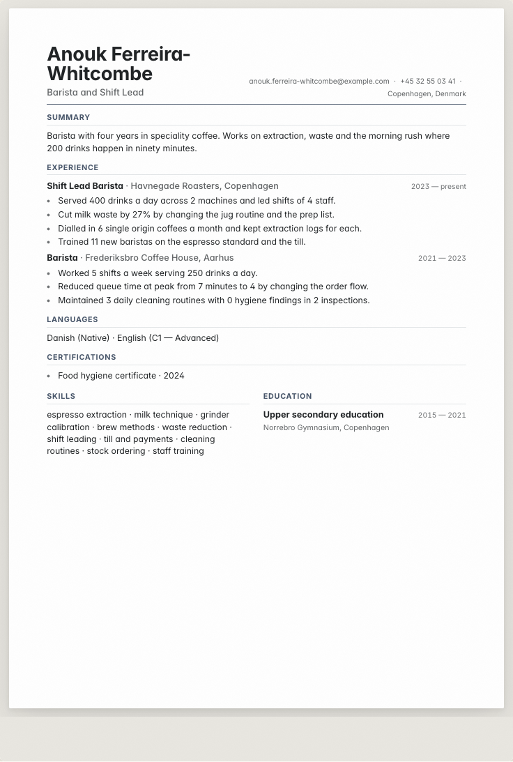 The barista example résumé drawn as a complete page in the Compact design: name, summary, the roles with their bullet lines, education and a skills row