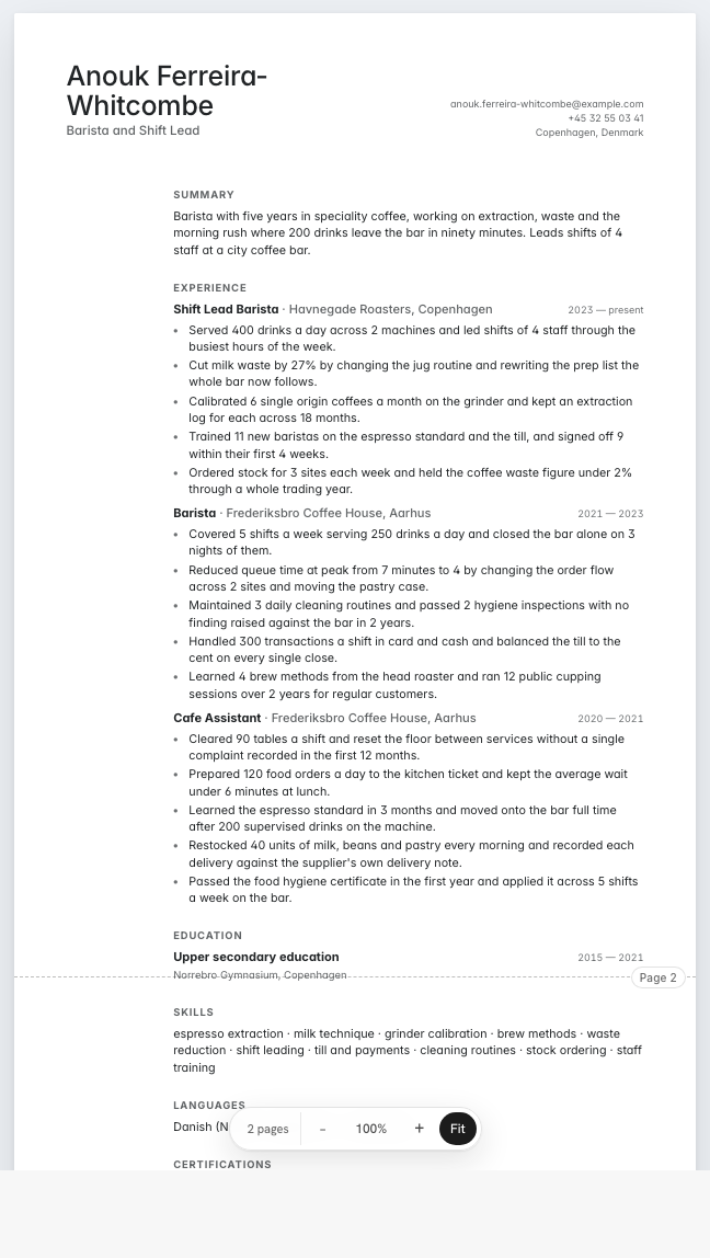 The barista example résumé drawn as a complete page in the Minimal design: name, summary, three dated roles with five lines under each, education, skills, languages and a certificate