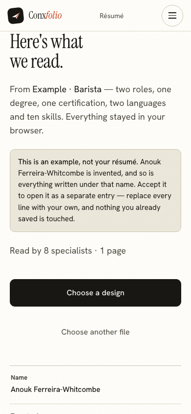 The same import review on a 390 pixel phone screen, with the example notice above the accept button