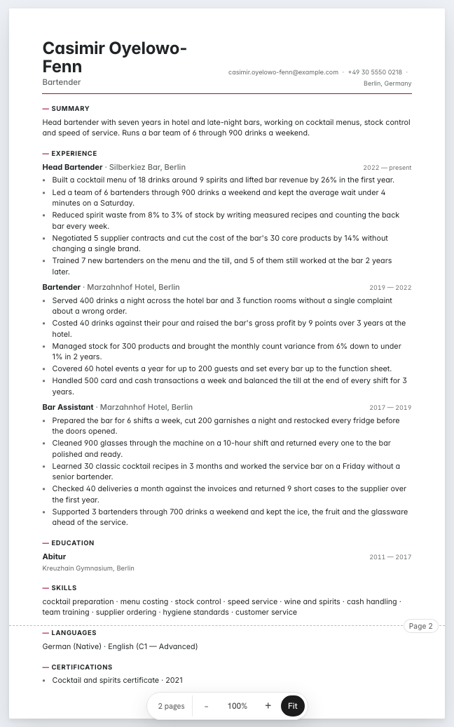 The bartender example résumé drawn as a complete page in the Bridge design: name, summary, three dated roles with five achievement lines each, education, skills and languages