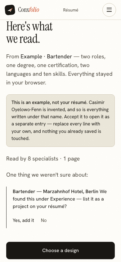 The same import review on a 390 pixel phone screen, with the example notice above the accept button