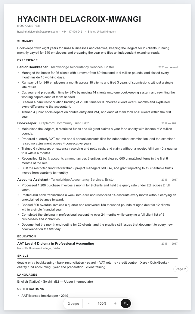 The bookkeeper example résumé drawn as a complete page in the Classic design: name, summary, three dated roles with five lines under each, education, the licence and a skills row