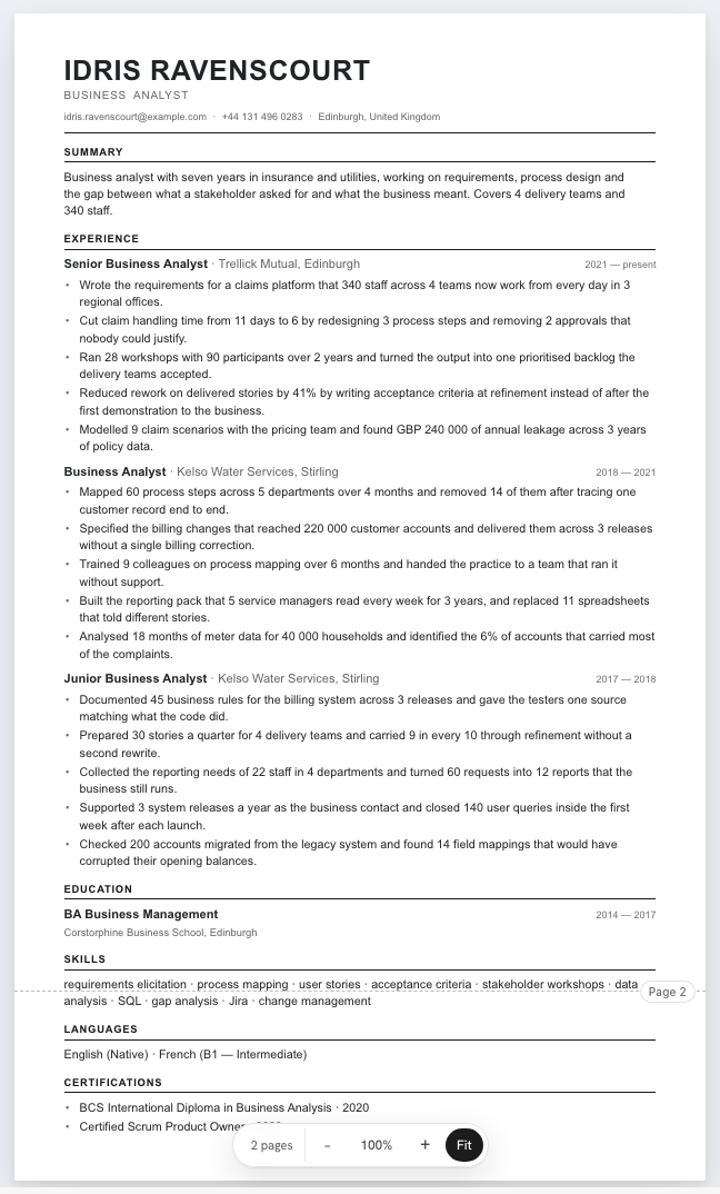 The business analyst example résumé drawn as a complete page in the Classic design: name, summary, three dated roles with five achievement lines under each, education and a skills row