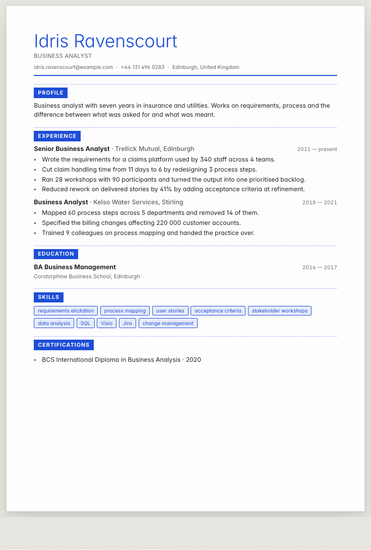 The business analyst example résumé drawn as a complete page in the Placard design: name, summary, the roles with their bullet lines, education and a skills row