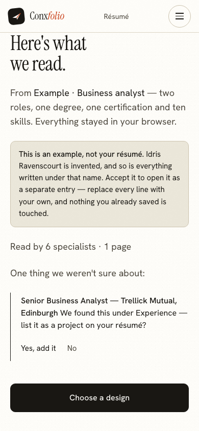 The same import review on a 390 pixel phone screen, with the example notice above the accept button