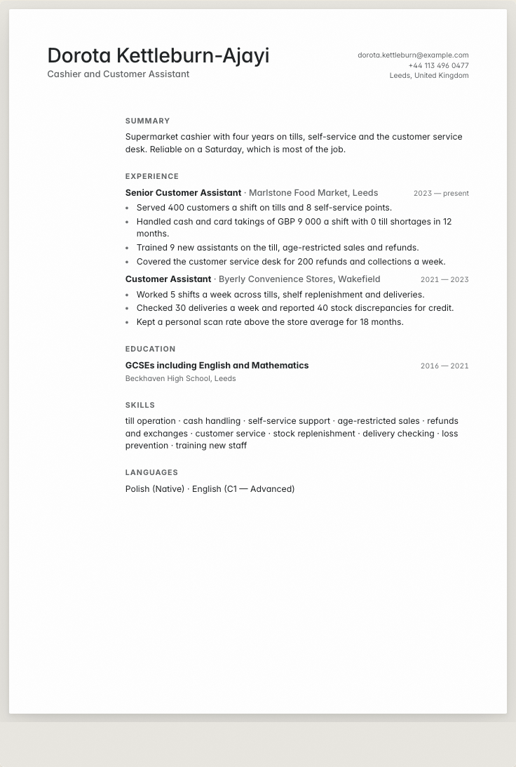The cashier example résumé drawn as a complete page in the Minimal design: name, summary, the roles with their bullet lines, education and a skills row