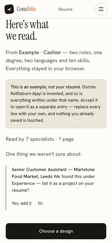 The same import review on a 390 pixel phone screen, with the example notice above the accept button