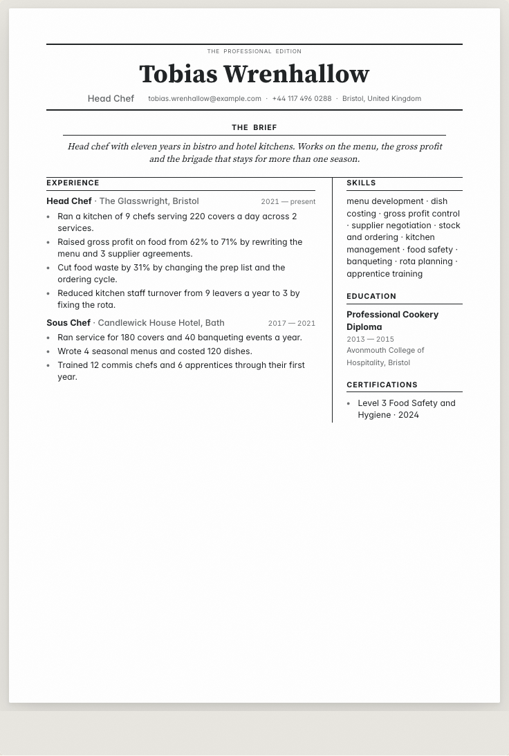 The head chef example résumé drawn as a complete page in the Broadside design: name, summary, the roles with their bullet lines, education and a skills row