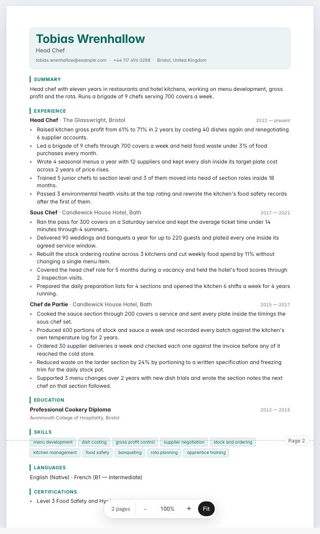 The head chef example résumé drawn as a complete page in the Nexus design: name, summary, three dated roles with five lines under each, education, skills, languages