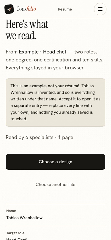 The same import review on a 390 pixel phone screen, with the example notice above the accept button