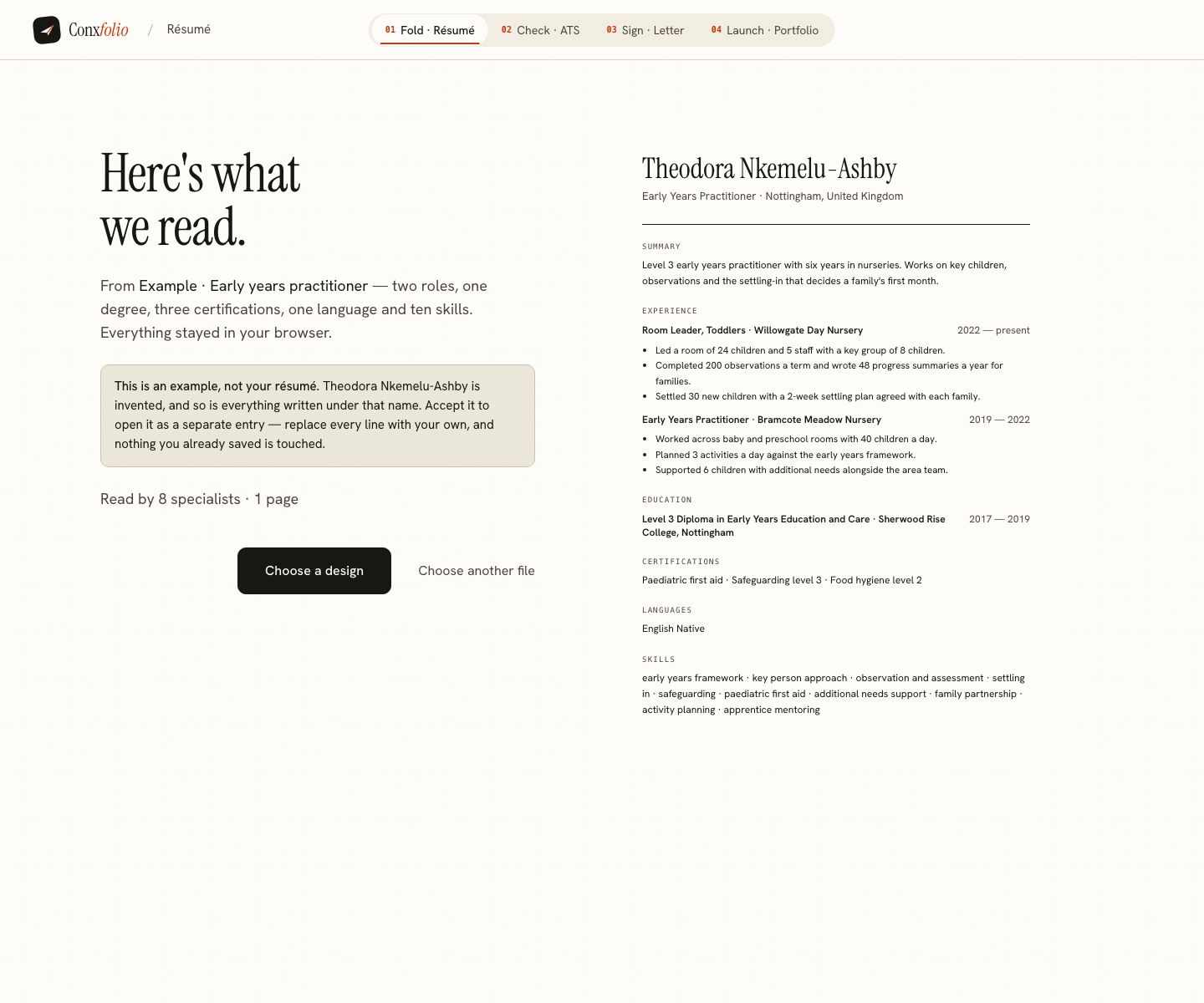 The Conxfolio import review after the door opened, showing Theodora Nkemelu-Ashby's example read into fields beside the rendered page, with the line saying it is an example