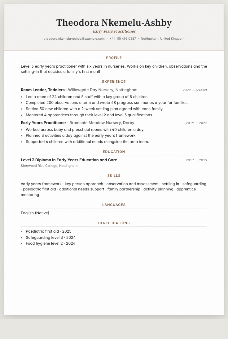 The early years practitioner example résumé drawn as a complete page in the Vellum design: name, summary, the roles with their bullet lines, education and a skills row