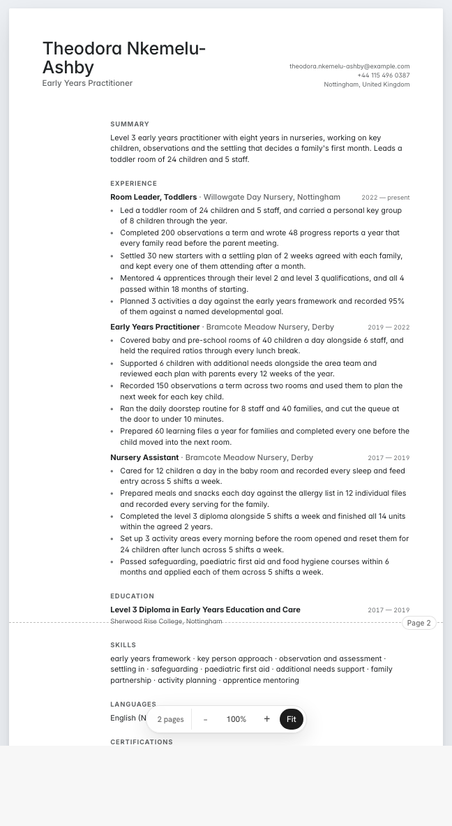 The early years practitioner example résumé drawn as a complete page in the Minimal design: name, summary, three dated roles with five lines under each, education, skills and certificates