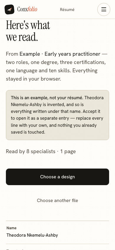 The same import review on a 390 pixel phone screen, with the example notice above the accept button