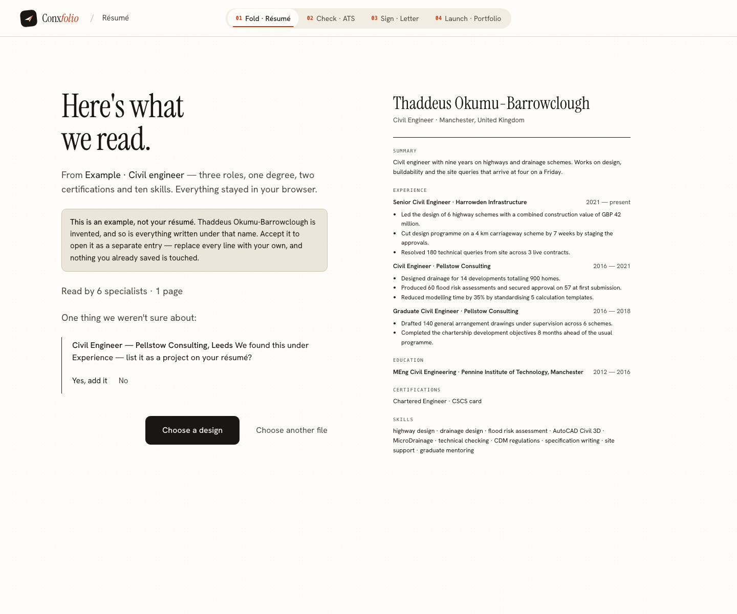The Conxfolio import review after the door opened, showing Thaddeus Okumu-Barrowclough's example read into fields beside the rendered page, with the line saying it is an example