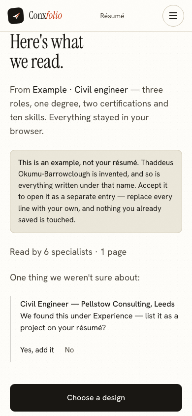 The same import review on a 390 pixel phone screen, with the example notice above the accept button