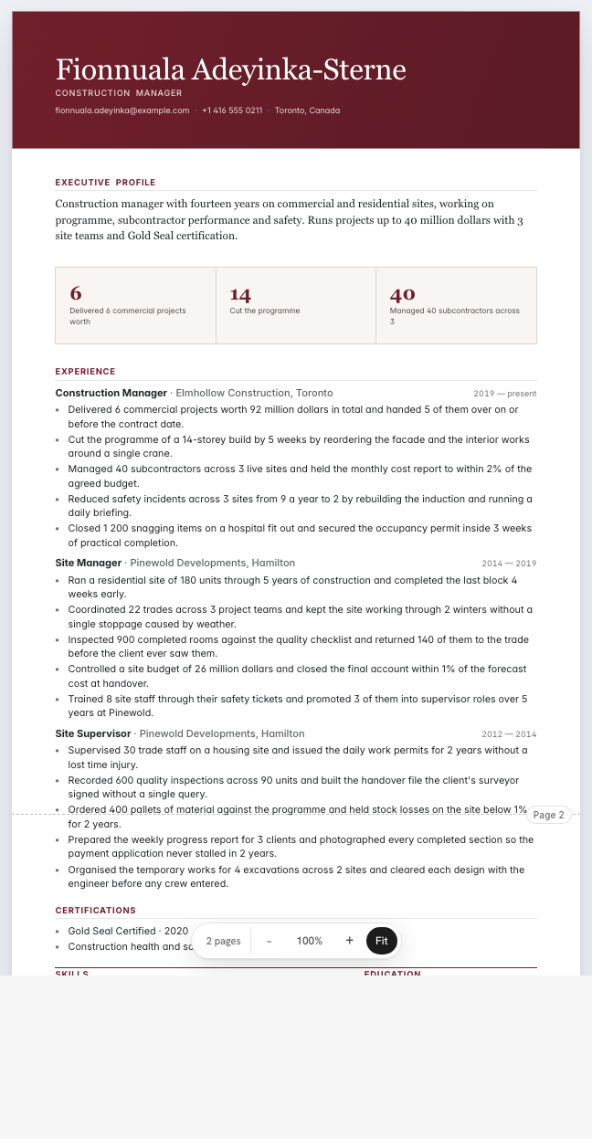 The construction manager example résumé drawn as a complete page in the Imprint design: name, summary, three dated roles with five lines under each, education, skills, languages