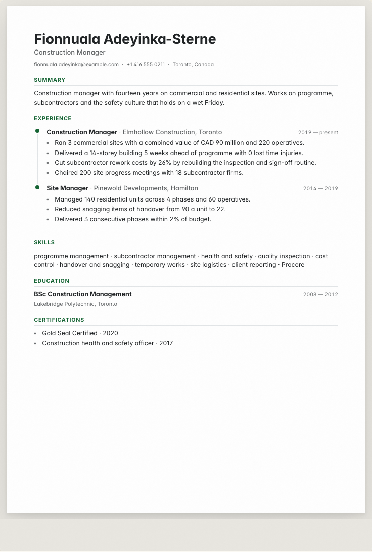 The construction manager example résumé drawn as a complete page in the Timeline design: name, summary, the roles with their bullet lines, education and a skills row