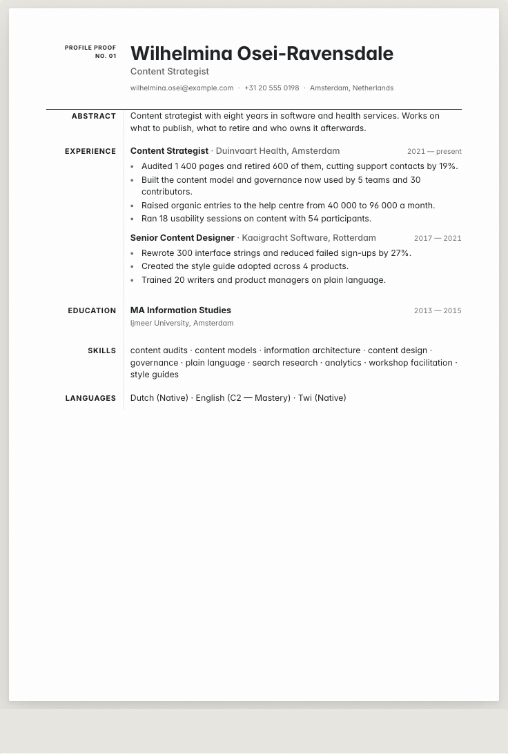 The content strategist example résumé drawn as a complete page in the Marginal design: name, summary, the roles with their bullet lines, education and a skills row