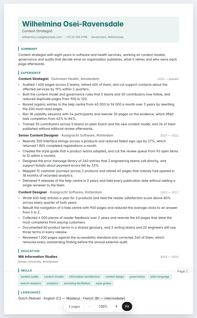 The content strategist example résumé drawn as a complete page in the Nexus design: name, summary, three dated roles with five achievement lines each, education, skills and languages