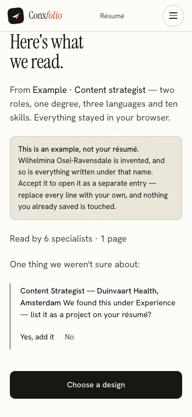 The same import review on a 390 pixel phone screen, with the example notice above the accept button
