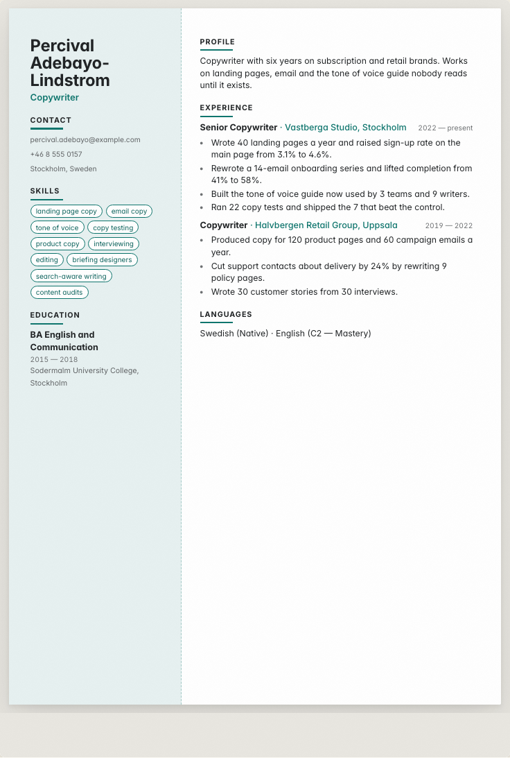 The copywriter example résumé drawn as a complete page in the Deckle design: name, summary, the roles with their bullet lines, education and a skills row