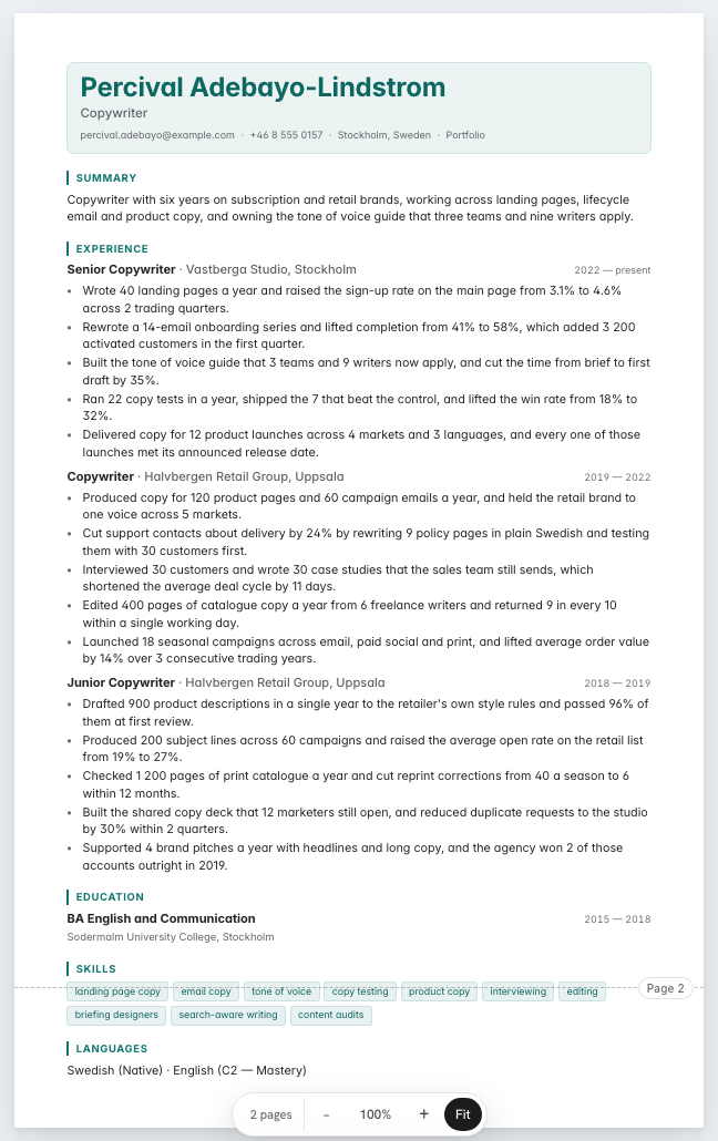 The copywriter example résumé drawn as a complete page in the Nexus design: name, summary, three dated roles with five achievement lines each, education, skills and languages