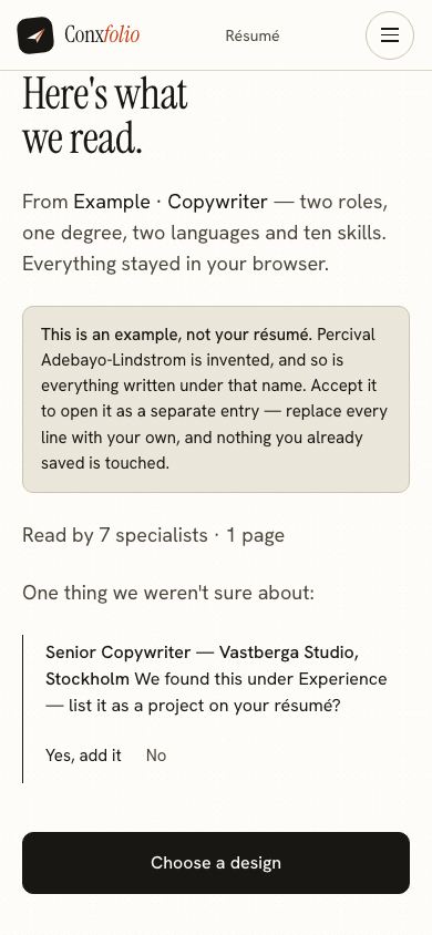 The same import review on a 390 pixel phone screen, with the example notice above the accept button