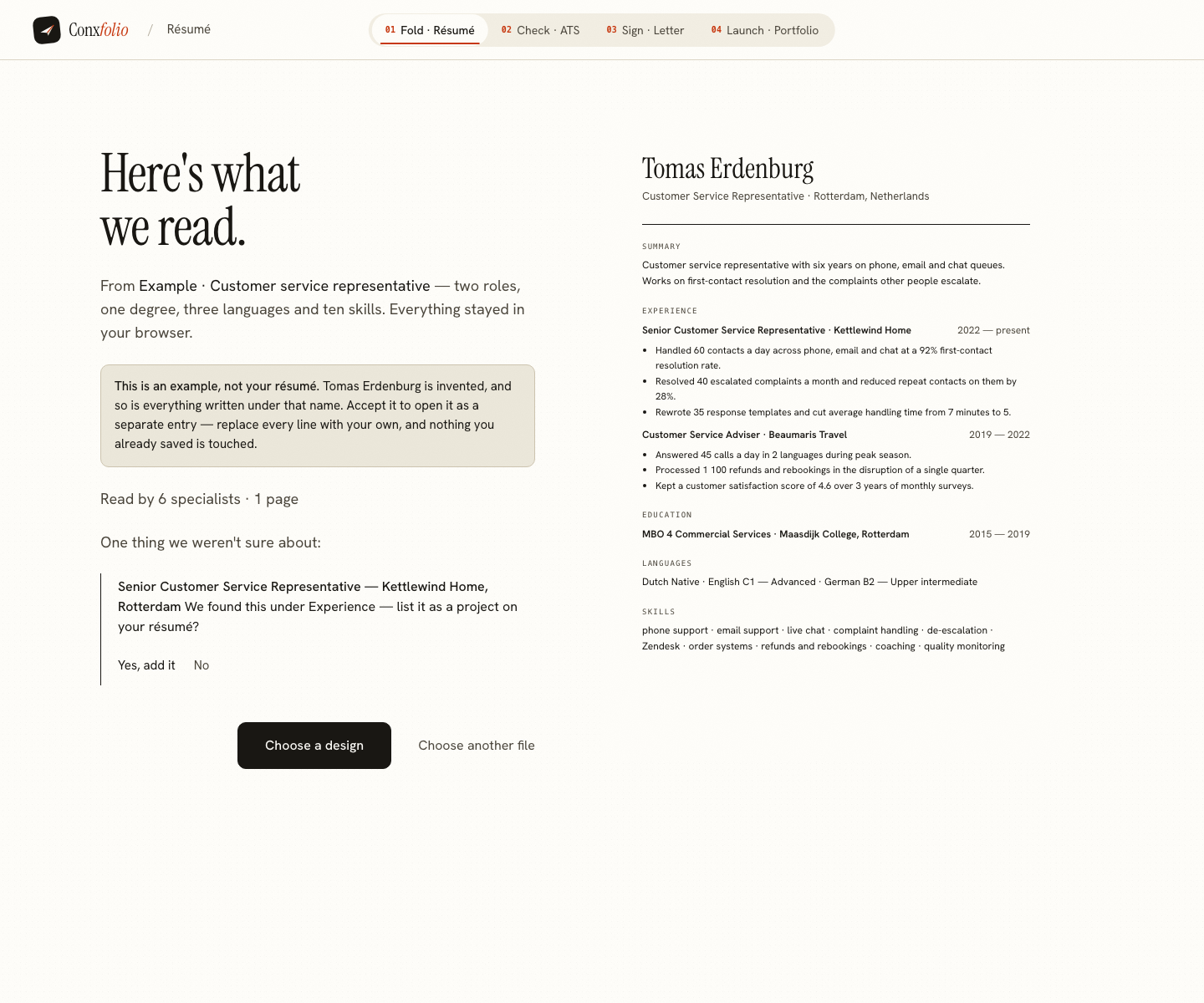 The Conxfolio import review after the door opened, showing Tomas Erdenburg's example read into fields beside the rendered page, with the line saying it is an example