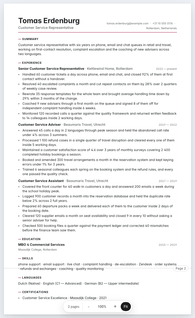 The customer service representative example résumé drawn as a complete page in the Bridge design: name, summary, three dated roles with five bullet lines each, education and a skills row