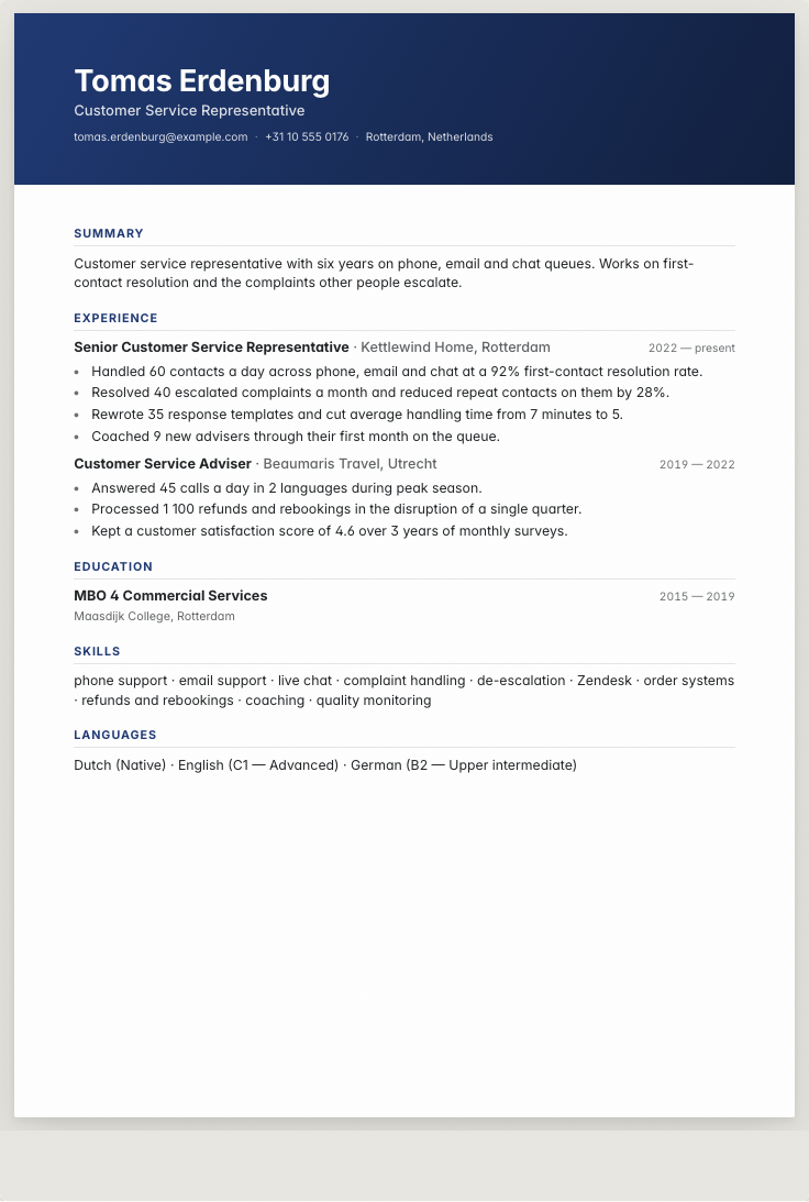 The customer service representative example résumé drawn as a complete page in the Zenith design: name, summary, the roles with their bullet lines, education and a skills row