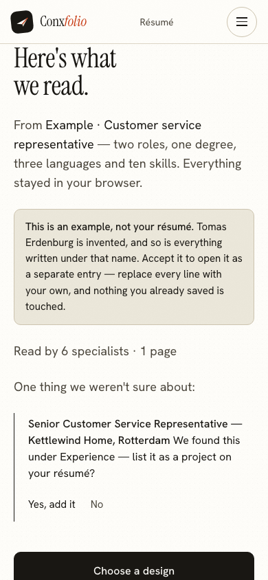 The same import review on a 390 pixel phone screen, with the example notice above the accept button