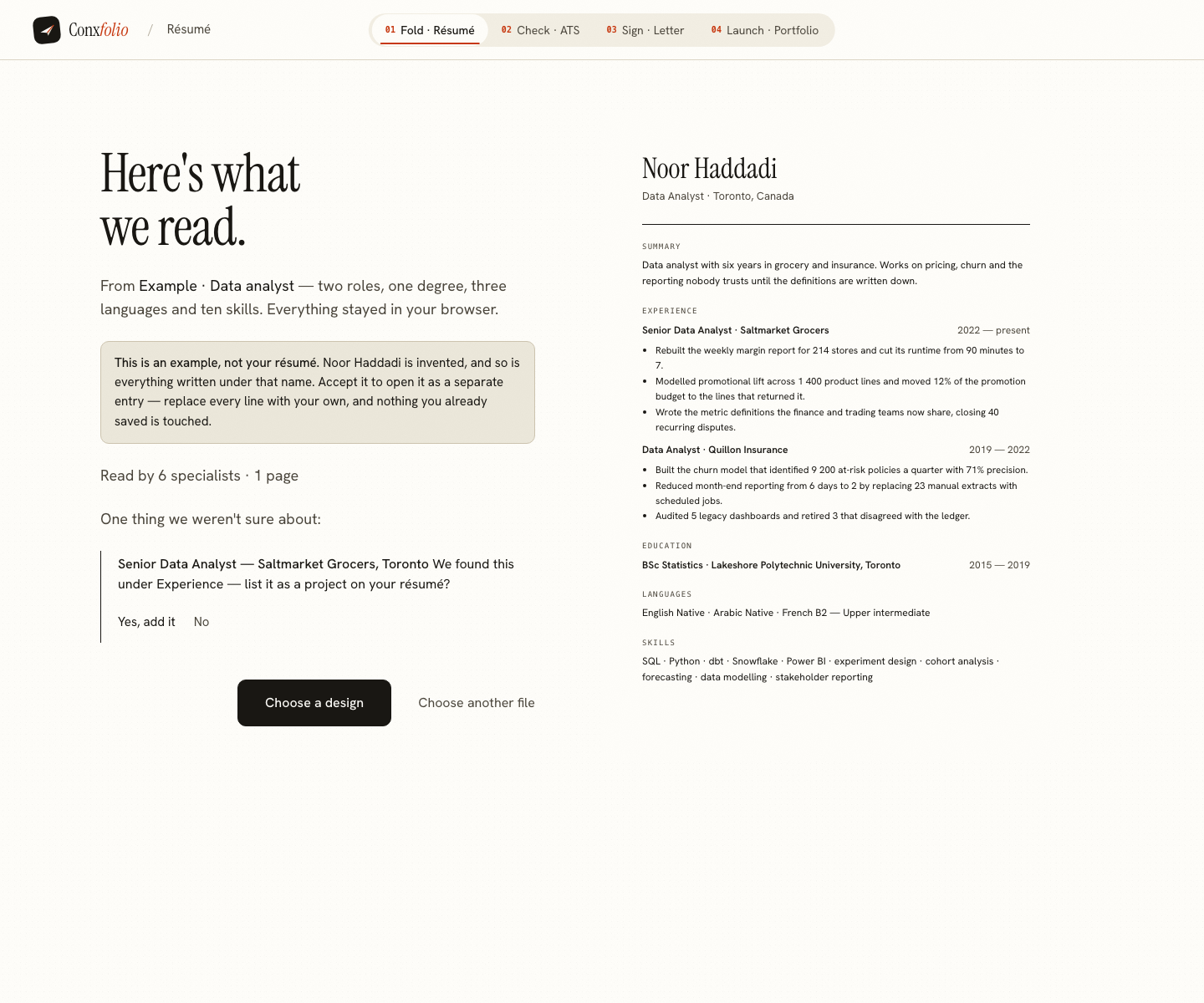 The Conxfolio import review after the door opened, showing Noor Haddadi's example read into fields beside the rendered page, with the line saying it is an example