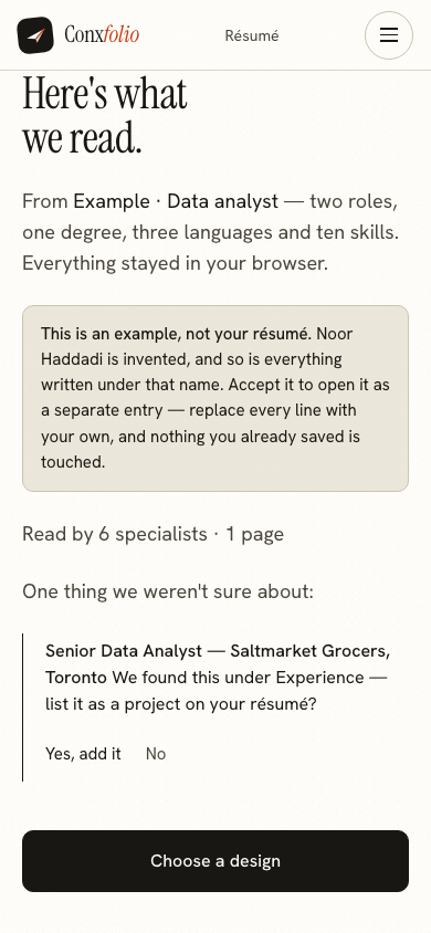 The same import review on a 390 pixel phone screen, with the example notice above the accept button