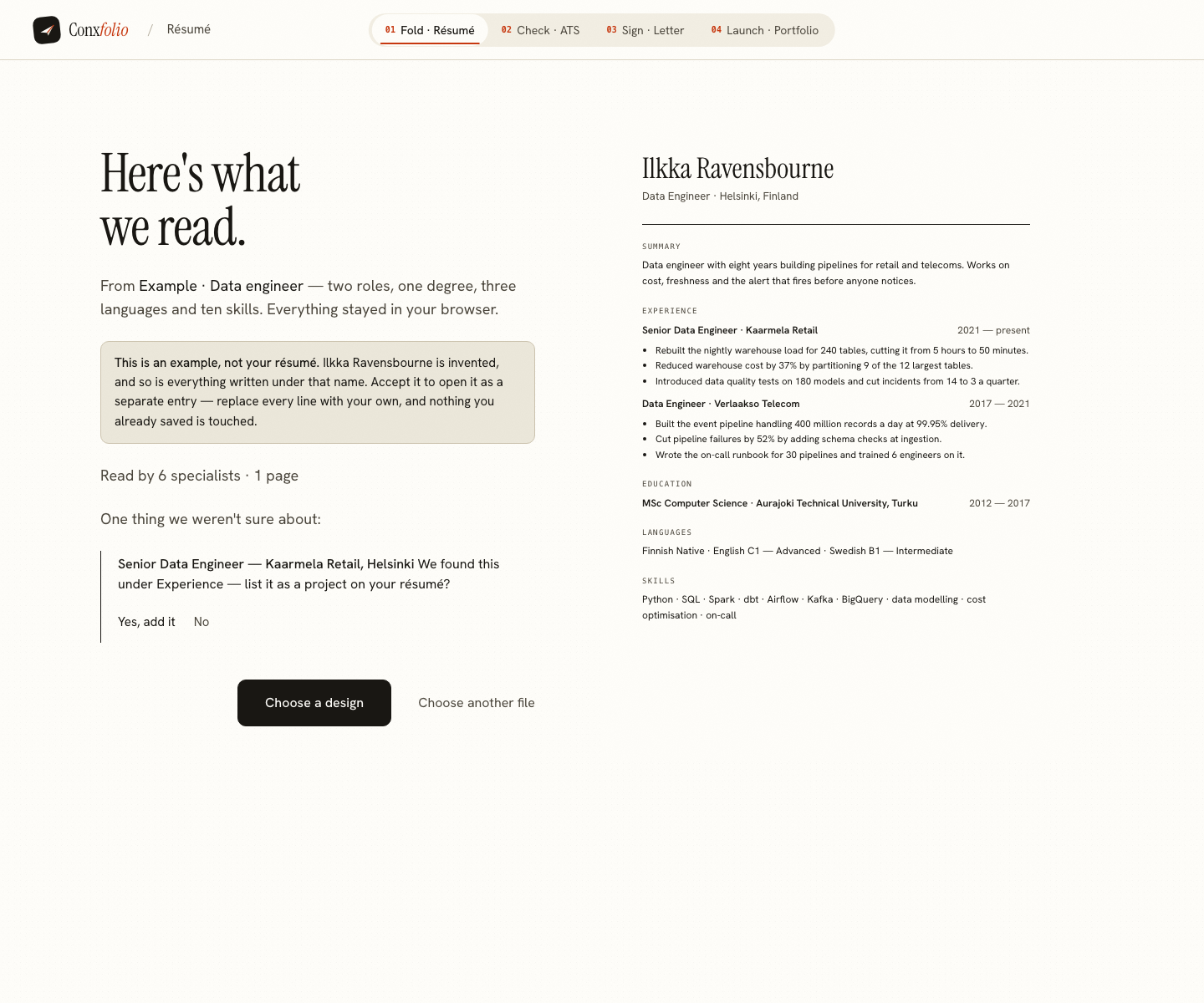 The Conxfolio import review after the door opened, showing Ilkka Ravensbourne's example read into fields beside the rendered page, with the line saying it is an example