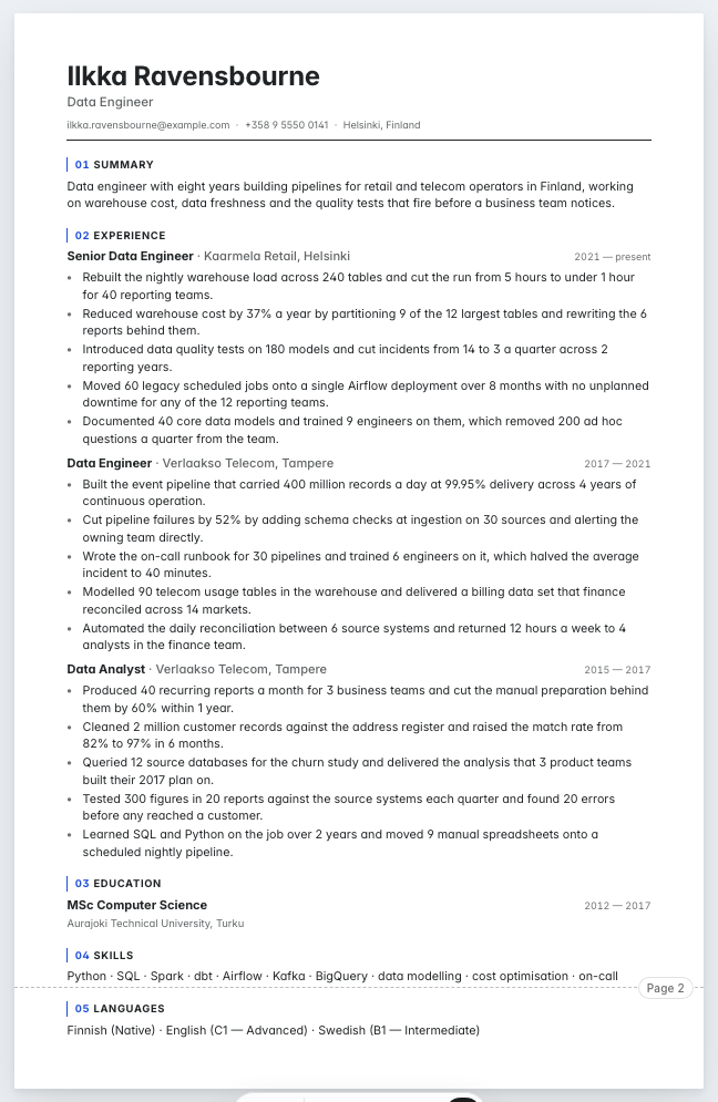 The data engineer example résumé drawn as a complete page in the Architect design: name, summary, three dated roles with five achievement lines under each, education and a skills row