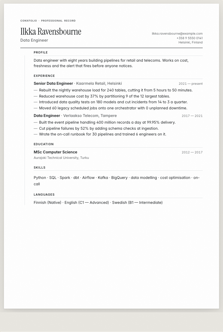 The data engineer example résumé drawn as a complete page in the Ink design: name, summary, the roles with their bullet lines, education and a skills row