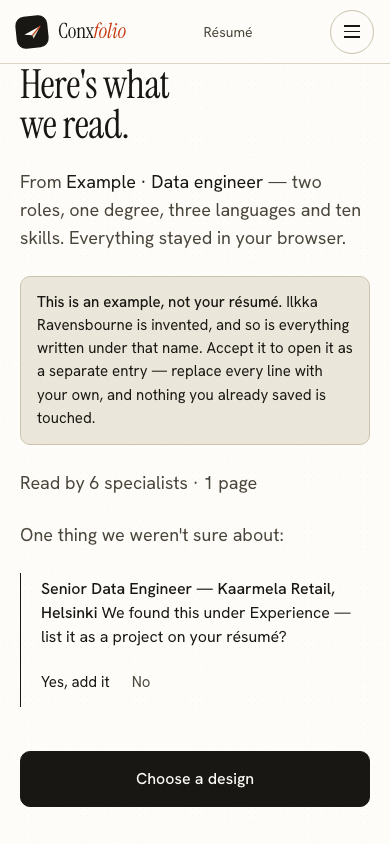 The same import review on a 390 pixel phone screen, with the example notice above the accept button