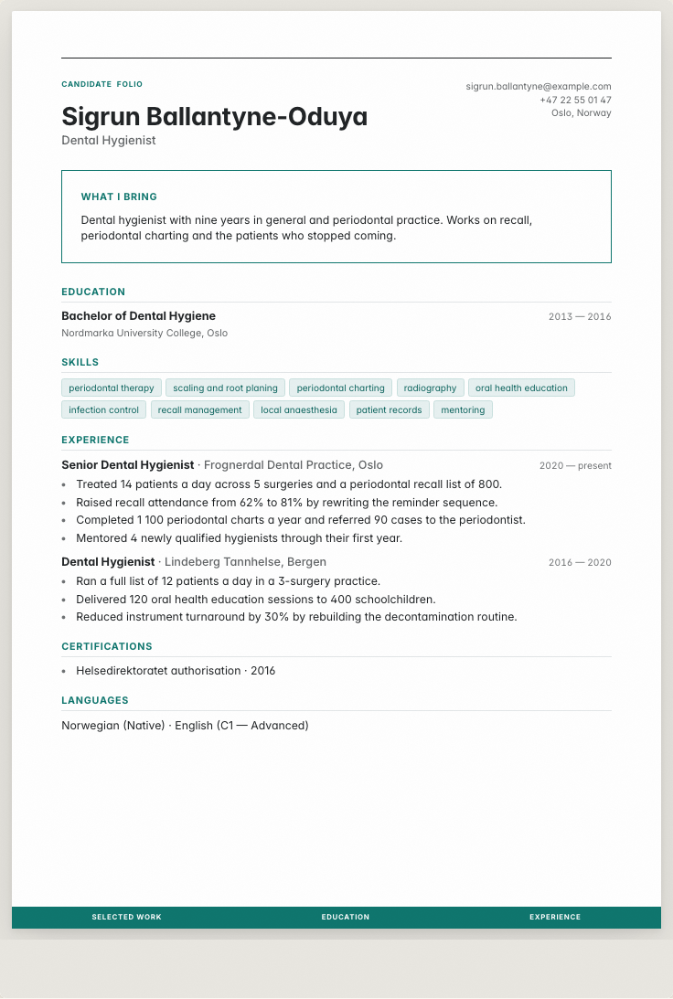 The dental hygienist example résumé drawn as a complete page in the Coverline design: name, summary, the roles with their bullet lines, education and a skills row