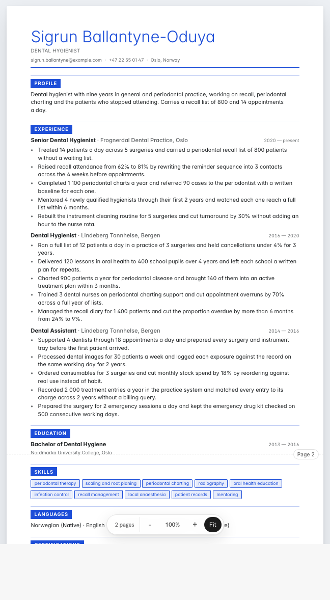 The dental hygienist example résumé drawn as a complete page in the Placard design: name, summary, three dated roles with five lines under each, education, skills, languages
