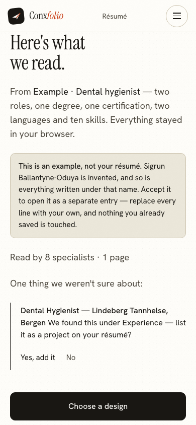 The same import review on a 390 pixel phone screen, with the example notice above the accept button