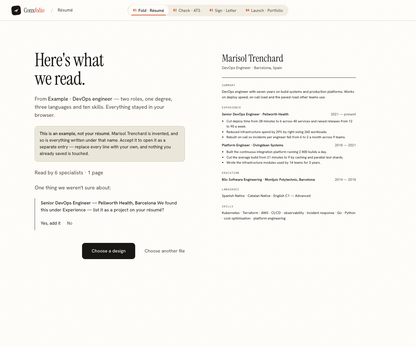 The Conxfolio import review after the door opened, showing Marisol Trenchard's example read into fields beside the rendered page, with the line saying it is an example