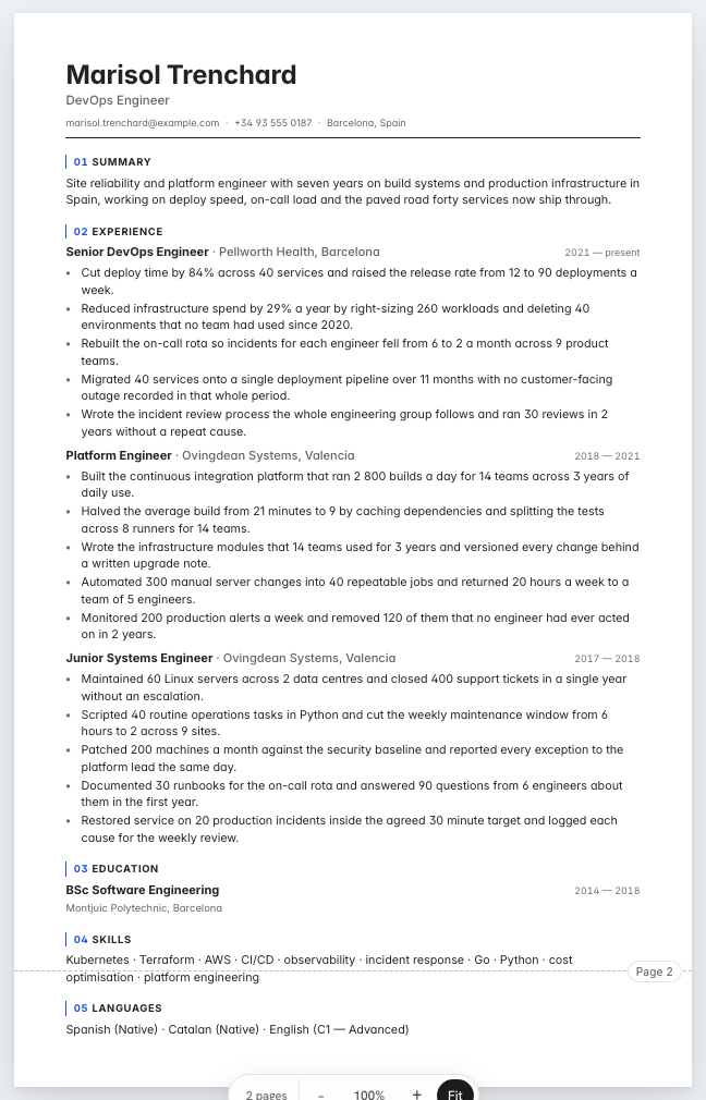 The DevOps engineer example résumé drawn as a complete page in the Architect design: name, summary, three dated roles with five achievement lines under each, education and a skills row