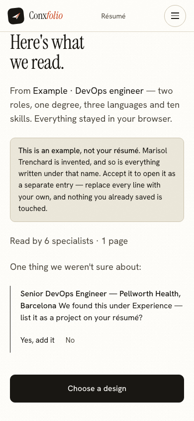 The same import review on a 390 pixel phone screen, with the example notice above the accept button