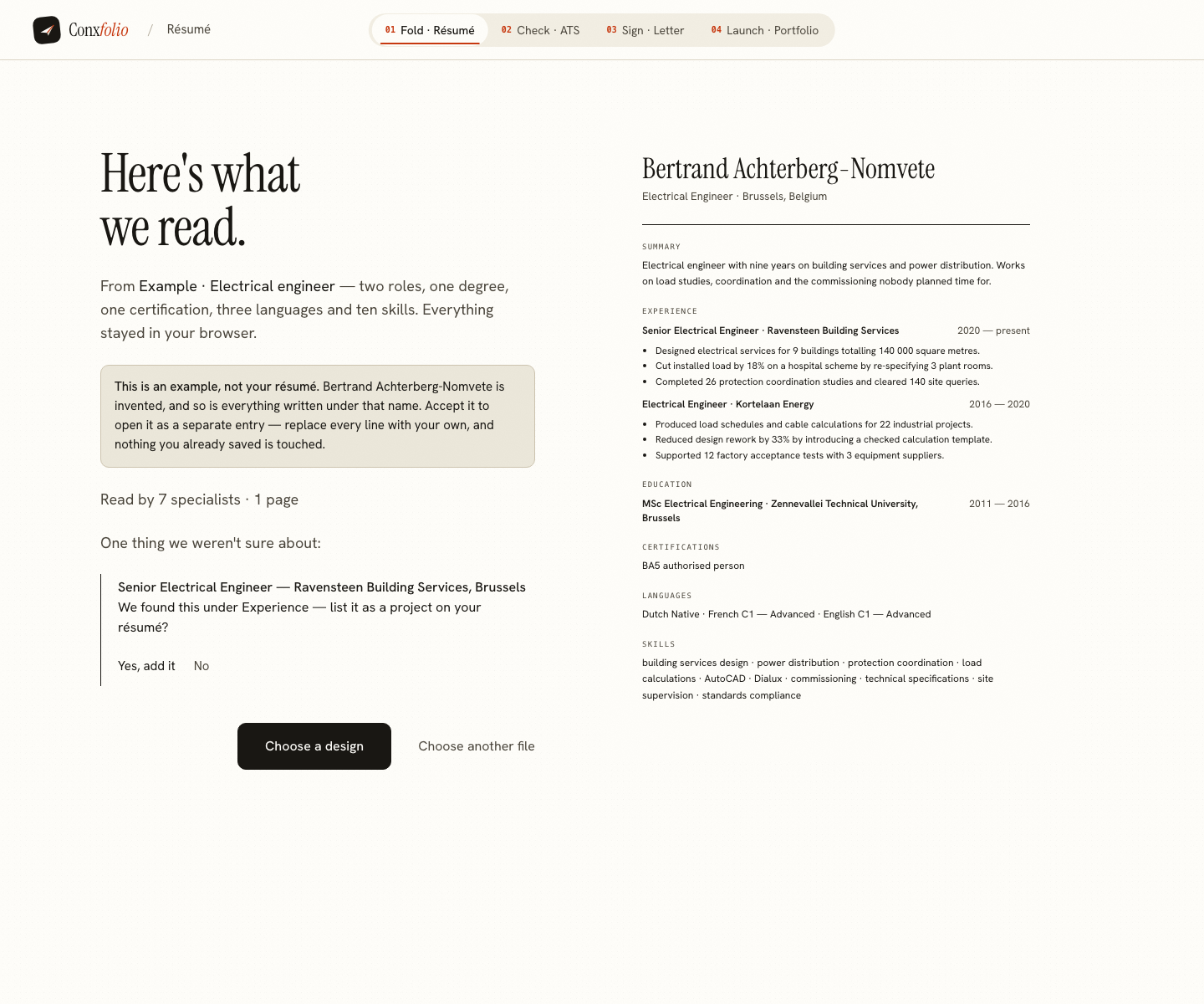 The Conxfolio import review after the door opened, showing Bertrand Achterberg-Nomvete's example read into fields beside the rendered page, with the line saying it is an example