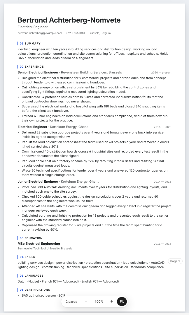 The electrical engineer example résumé drawn as a complete page in the Architect design: name, summary, three dated roles with five lines under each, education, skills, languages
